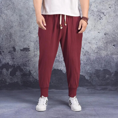 Pantaloni harem din bumbac și in, pentru bărbați, cu talie elastică solidă, pantaloni de jogging, pantaloni largi, cu crotch, pantaloni casual bărbați, 2022