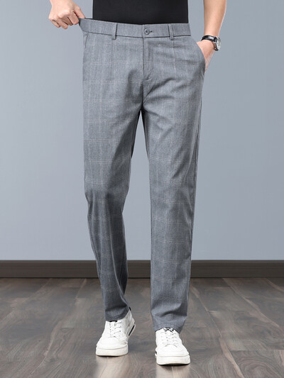 Vasaras plānas rūtainas formālas elastīgas bikses vīriešiem tievas biznesa pelēkas melnas ikdienas bikšu modes vīriešu apģērbi Anglijas bikses