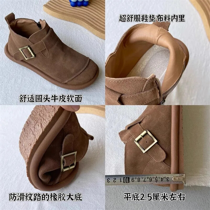 2024. gada jauna rudens/ziemas modes sieviešu plakani īsi zābaki, apaļi purngals, sānu rāvējslēdzēja sprādze, ikdienas savienojamie apavi