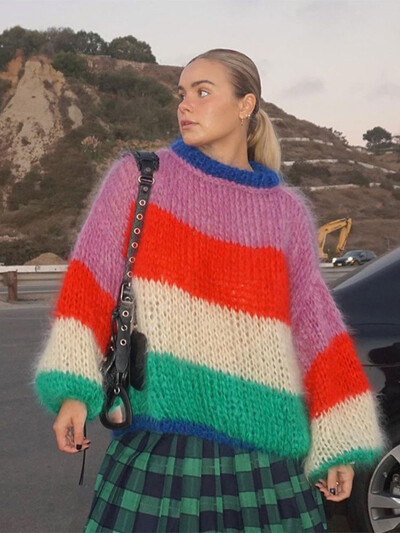 2024. gada jauns rudens sieviešu, mohēras svītru jaciņš, modes kontrasts ar atvērtu dūrienu garām piedurknēm džemperis High Street Sieviešu ielas trikotāža