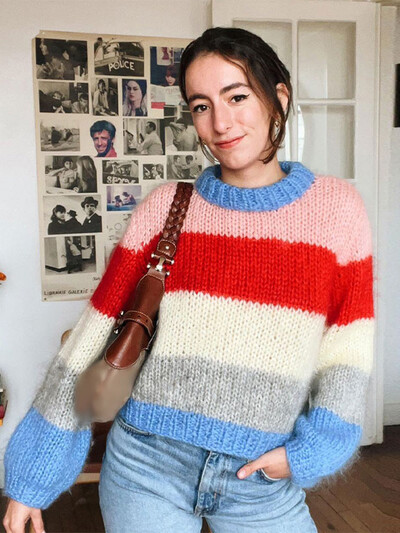 2024. gada jauns rudens sieviešu, mohēras svītru jaciņš, modes kontrasts ar atvērtu dūrienu garām piedurknēm džemperis High Street Sieviešu ielas trikotāža