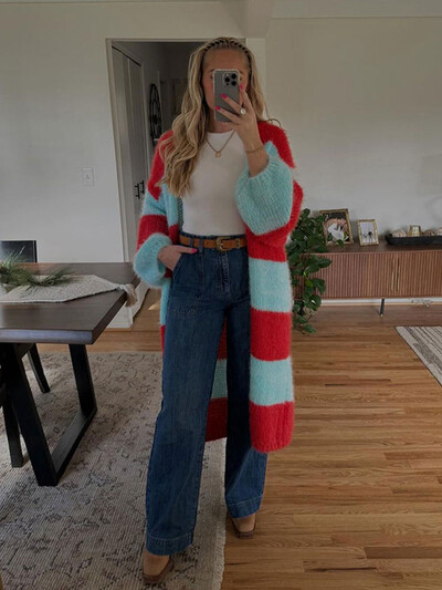 2024. gada jauns rudens sieviešu, mohēras svītru jaciņš, modes kontrasts ar atvērtu dūrienu garām piedurknēm džemperis High Street Sieviešu ielas trikotāža