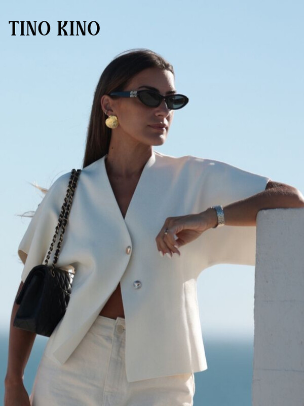 Elegantni jednobojni pleteni ženski prsluk s V-izrezom i dugmadima kratkih rukava Široki prsluk Kardigan 2024. Ljeto Jesen Ženska pletenina za putovanje na posao