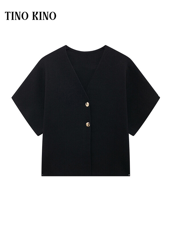 Elegantni jednobojni pleteni ženski prsluk s V-izrezom i dugmadima kratkih rukava Široki prsluk Kardigan 2024. Ljeto Jesen Ženska pletenina za putovanje na posao
