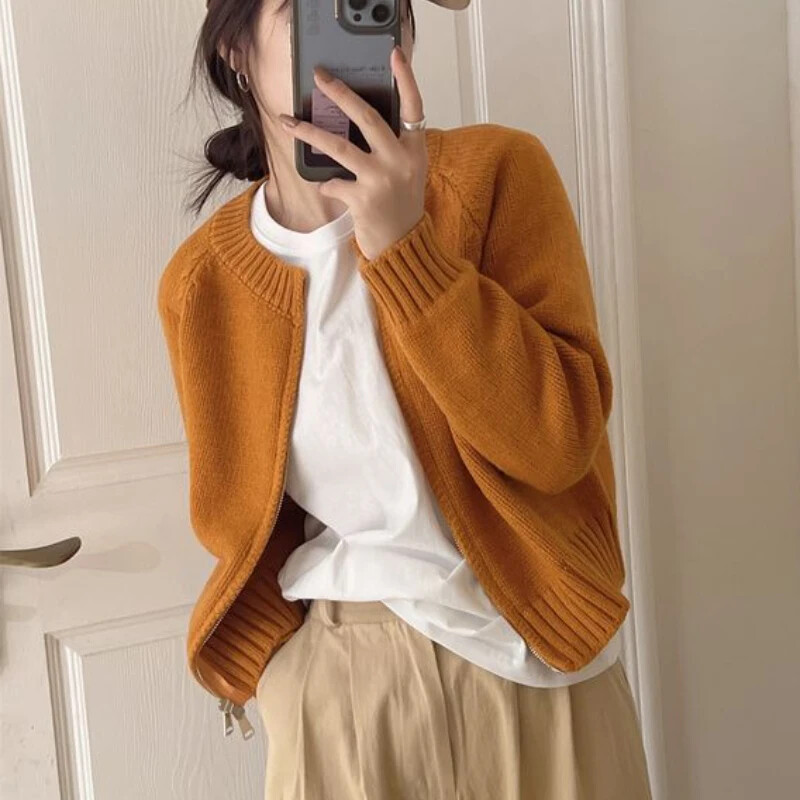 Sieviešu džemperis ar rāvējslēdzēju ar apgrieztu kakla izgriezumu, apgriezts trikotāža omulīgs rudens 7 krāsu amerikāņu temperaments Кардиган Женский Minimālistisks ikdienišķs
