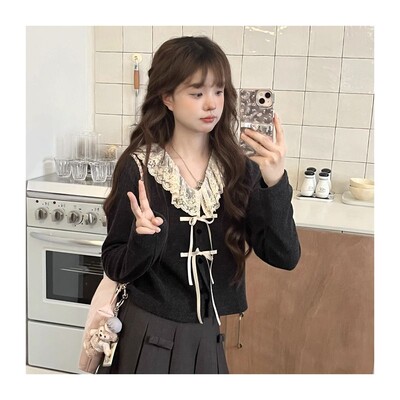 Πλεκτές ζακέτες με μακρυμάνικο γυναικείο συνονθύλευμα με μονό στήθος Γλυκιά δαντέλα Φθινόπωρο Χειμώνας Υπέροχες casual μπλούζες Φιόγκος με λαιμόκοψη V All-match