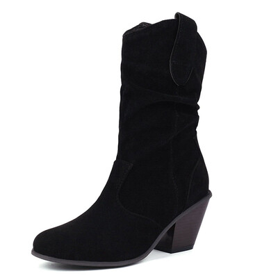 ORCHA LISA Cizme din piele intoarsa pentru femeie, la mijlocul gambei, cu varf rotund, cu slip On plisate, cu tocuri inalte, pentru petrecere a timpului liber, Western Bota Marime mare 43 44