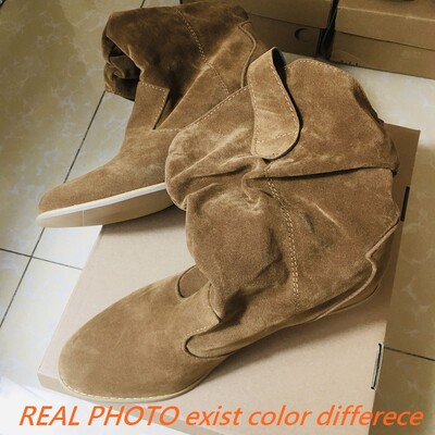 ORCHA LISA Cizme din piele intoarsa pentru femeie, la mijlocul gambei, cu varf rotund, cu slip On plisate, cu tocuri inalte, pentru petrecere a timpului liber, Western Bota Marime mare 43 44