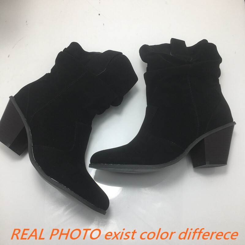 ORCHA LISA Cizme din piele intoarsa pentru femeie, la mijlocul gambei, cu varf rotund, cu slip On plisate, cu tocuri inalte, pentru petrecere a timpului liber, Western Bota Marime mare 43 44