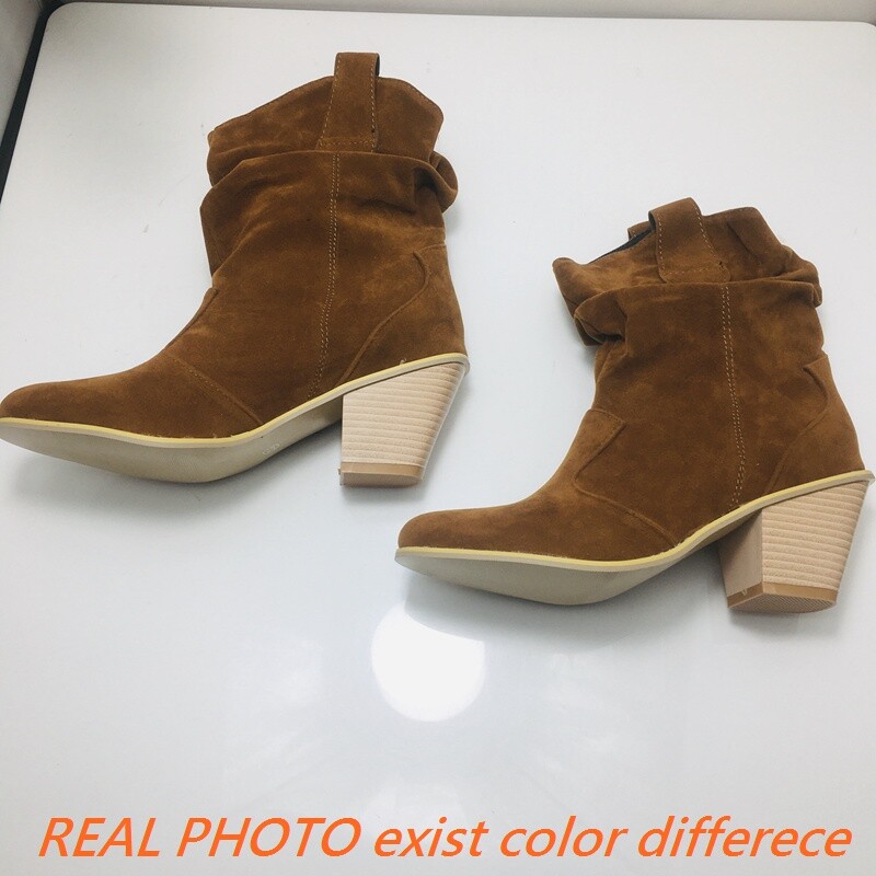 ORCHA LISA Cizme din piele intoarsa pentru femeie, la mijlocul gambei, cu varf rotund, cu slip On plisate, cu tocuri inalte, pentru petrecere a timpului liber, Western Bota Marime mare 43 44