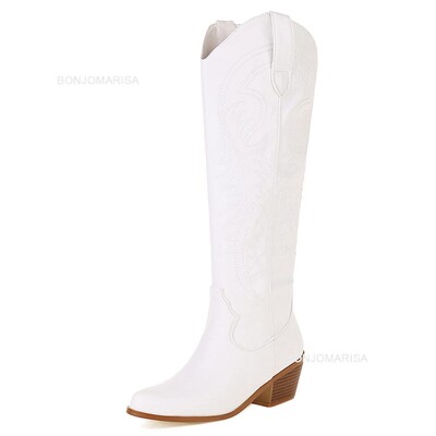 Liela izmēra 45 Sieviešu izšūti Rietumu ceļgala augstzābaki Cowboy Cowgirl zābaki kupli papēža zābaki ar platformu Sieviešu rietumu apavi