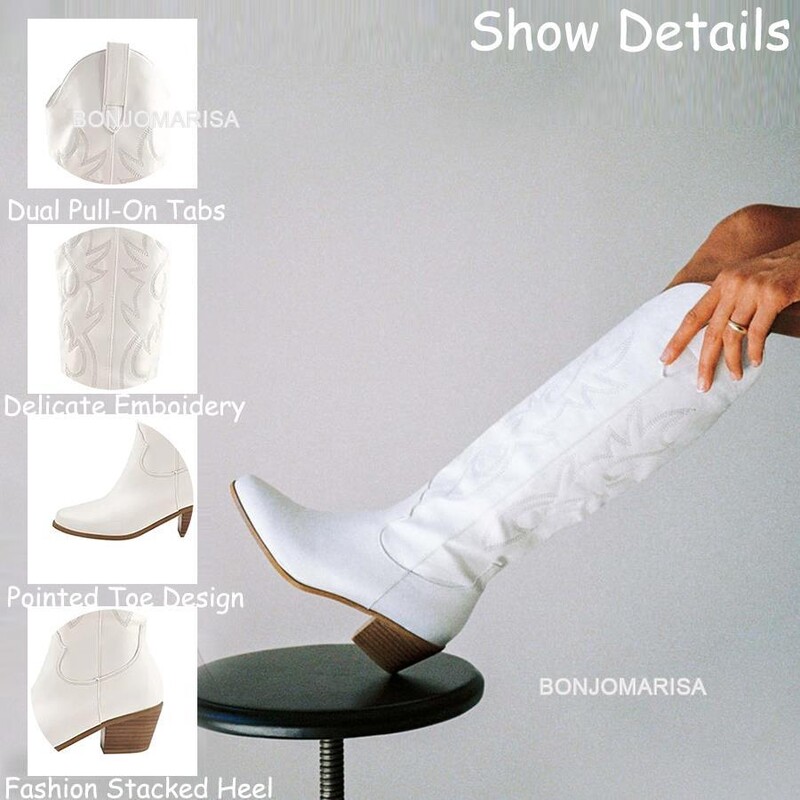 Liela izmēra 45 Sieviešu izšūti Rietumu ceļgala augstzābaki Cowboy Cowgirl zābaki kupli papēža zābaki ar platformu Sieviešu rietumu apavi