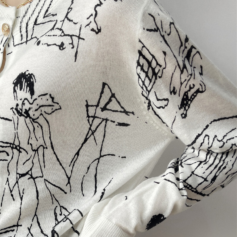 Graffiti Digital Jacquard Imitație fină Moda Lână tricotat Cardigan Femei 22 Primăvară Toamnă Jachetă subțire largi Pulover la modă