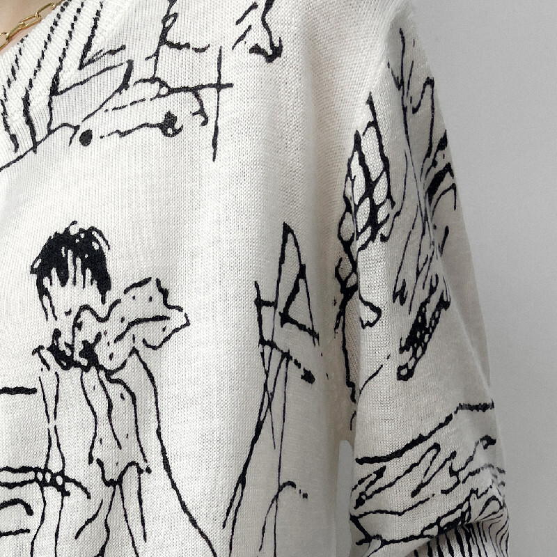 Graffiti Digital Jacquard Imitație fină Moda Lână tricotat Cardigan Femei 22 Primăvară Toamnă Jachetă subțire largi Pulover la modă