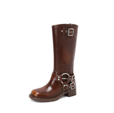 2023. gada vasaras jauni garie zābaki, bieza papēža jostas sprādzes, pretslīdes, plāni zābaki Retro modes, lielām piedurknēm motociklistu zābaki