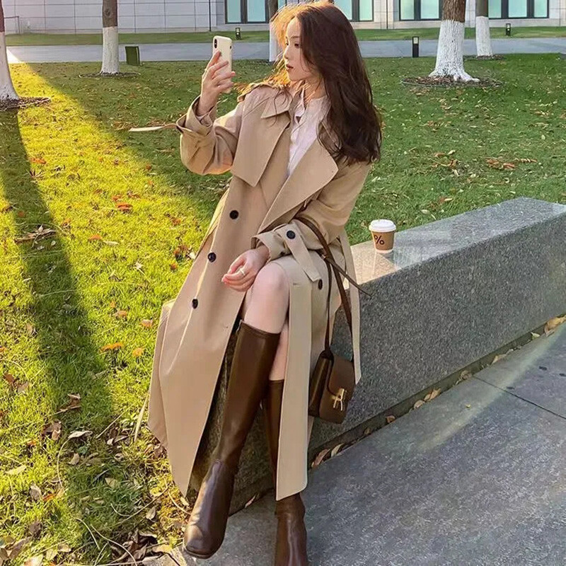 Ielu apģērbs brīvs Trench Coat Midi Garuma Modes Korejiešu Elegants Khaki Melns Sieviešu vējjaka Mētelis Ikdienišķas Topi ar dubultām krūtīm