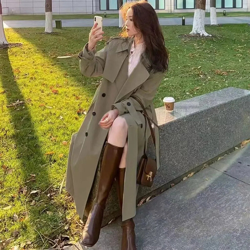 Ielu apģērbs brīvs Trench Coat Midi Garuma Modes Korejiešu Elegants Khaki Melns Sieviešu vējjaka Mētelis Ikdienišķas Topi ar dubultām krūtīm