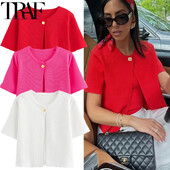 TRAF 2024 Sieviešu jaka īsie džemperi Trikotāžas jaciņa sievietēm Rudens plānas baltas sarkanas jakas Sieviešu džemperi ar īsām piedurknēm