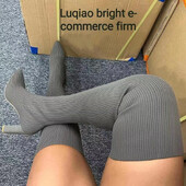 Γυναικείες ψηλοτάκουνες μπότες 2022 Φθινοπωρινή χειμερινή μόδα πλέξιμο Stretch Γυναικείες ρετρό μακριές μπότες Μπότες μεσαίας κάλτσας Botas Mujer