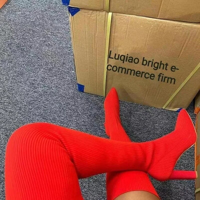 Γυναικείες ψηλοτάκουνες μπότες 2022 Φθινοπωρινή χειμερινή μόδα πλέξιμο Stretch Γυναικείες ρετρό μακριές μπότες Μπότες μεσαίας κάλτσας Botas Mujer