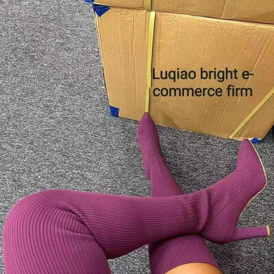 Γυναικείες ψηλοτάκουνες μπότες 2022 Φθινοπωρινή χειμερινή μόδα πλέξιμο Stretch Γυναικείες ρετρό μακριές μπότες Μπότες μεσαίας κάλτσας Botas Mujer