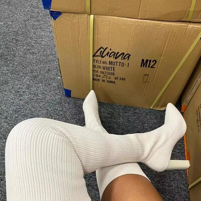 Γυναικείες ψηλοτάκουνες μπότες 2022 Φθινοπωρινή χειμερινή μόδα πλέξιμο Stretch Γυναικείες ρετρό μακριές μπότες Μπότες μεσαίας κάλτσας Botas Mujer