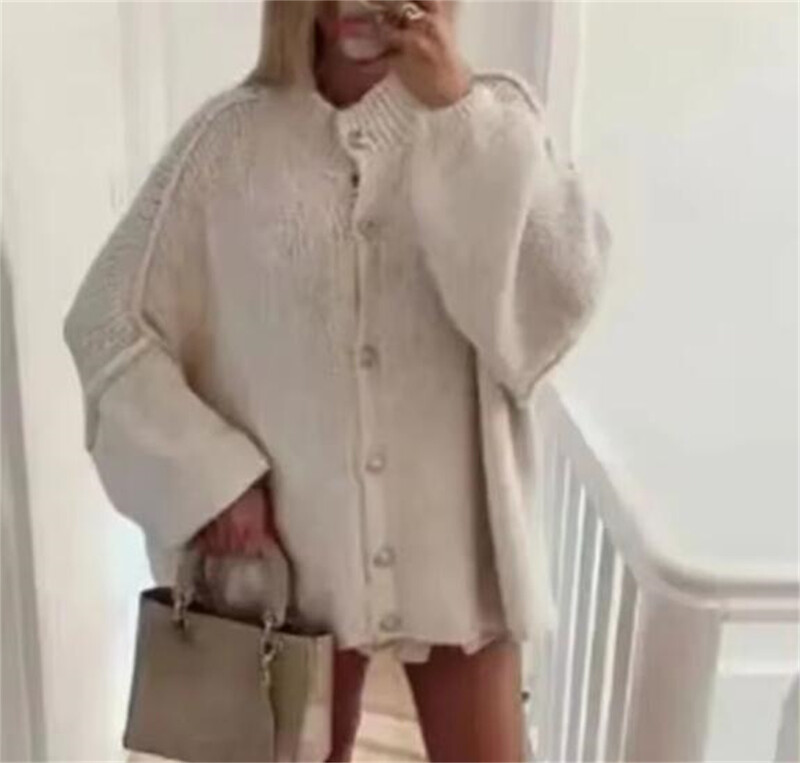 Franču modes brīvs džemperis sievietēm ar O veida izgriezumu, metāla pogas jaciņš ar vienrindu rudens ziemas ikdienas mētelis sieviešu apģērba topi