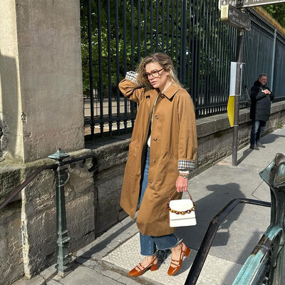 Modes rūtains odere ar vienrindu atloks ar kabatas vēja mēteļiem Sieviešu mētelis ar garām piedurknēm 2024. gada rudens šiks High Street mētelis