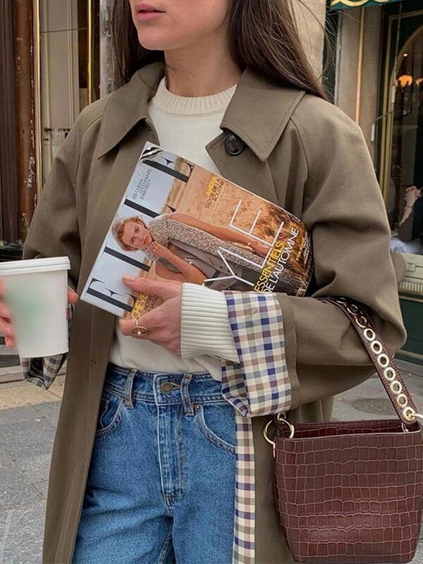 Modes rūtains odere ar vienrindu atloks ar kabatas vēja mēteļiem Sieviešu mētelis ar garām piedurknēm 2024. gada rudens šiks High Street mētelis