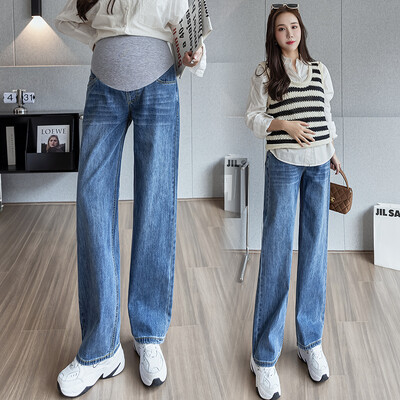 Slim Fit Свободни прави дънкови дънки за бременни Пролет Есен Изпрани панталони на корема за бременни жени Бременност Y2k Бременност