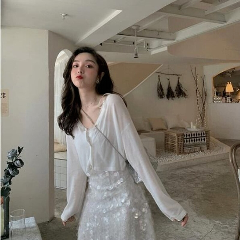 Cardigan femei cu mânecă lungă crop tops solid vară subțire rezistente la soare largi outwear cu decolteu în V tricotat stil coreean fete elegant minunat