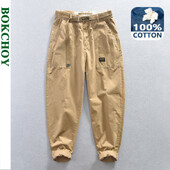 Vasaras jaunas 100% Cotton Cargo ikdienas bikses vīriešiem Mīkstas, lielas kabatas, jostas vidusdaļa Streetwear vīriešu bikses lielizmēra AZ621