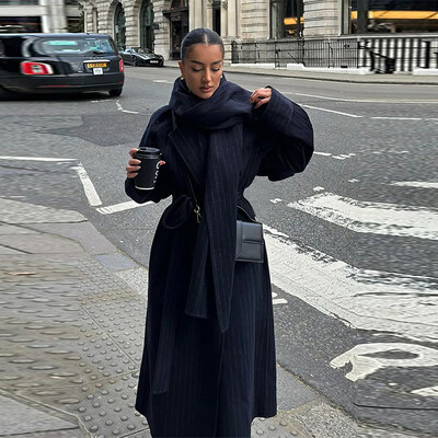 Trenci lungi cu dungi vintage pentru femei, ocazional, largi, cu un singur buton, cu curele de eșapament pentru femei, îmbrăcăminte elegantă și elegantă de toamnă