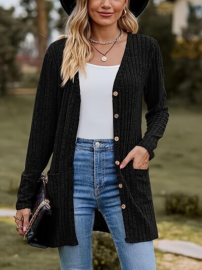 Cardigan solid cu buzunar cu nasturi, pulover casual cu mânecă lungă pentru primăvară și toamnă, îmbrăcăminte pentru femei