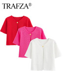 TRAFZA 2024 Sieviešu plāns trikotāžas īss tops ikdienišķs, vienkrāsains O veida kakla izgriezums īsām piedurknēm, džemperis ar vienu pogu trikotāžas jaka virsdrēbes