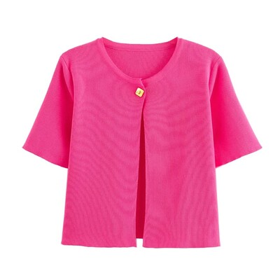 TRAFZA 2024 Sieviešu plāns trikotāžas īss tops ikdienišķs, vienkrāsains O veida kakla izgriezums īsām piedurknēm, džemperis ar vienu pogu trikotāžas jaka virsdrēbes