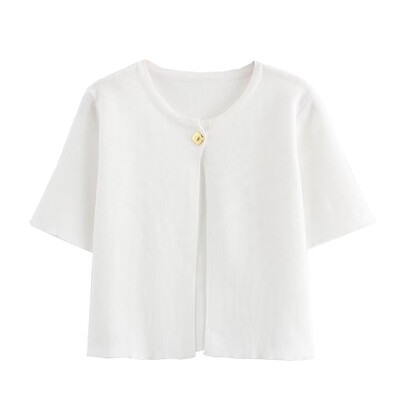 TRAFZA 2024 Sieviešu plāns trikotāžas īss tops ikdienišķs, vienkrāsains O veida kakla izgriezums īsām piedurknēm, džemperis ar vienu pogu trikotāžas jaka virsdrēbes