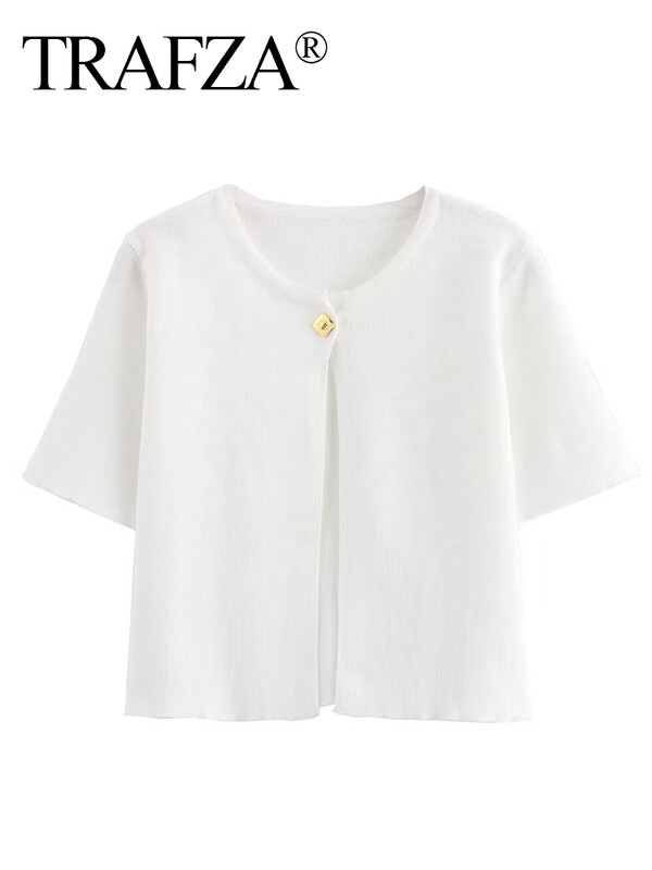 TRAFZA 2024 Sieviešu plāns trikotāžas īss tops ikdienišķs, vienkrāsains O veida kakla izgriezums īsām piedurknēm, džemperis ar vienu pogu trikotāžas jaka virsdrēbes