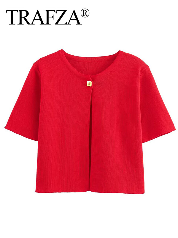 TRAFZA 2024 Sieviešu plāns trikotāžas īss tops ikdienišķs, vienkrāsains O veida kakla izgriezums īsām piedurknēm, džemperis ar vienu pogu trikotāžas jaka virsdrēbes