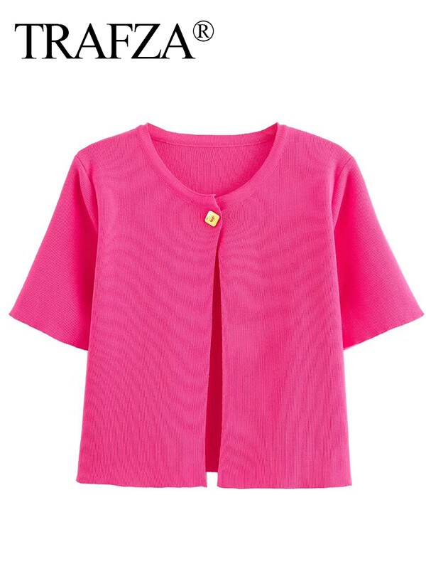 TRAFZA 2024 Sieviešu plāns trikotāžas īss tops ikdienišķs, vienkrāsains O veida kakla izgriezums īsām piedurknēm, džemperis ar vienu pogu trikotāžas jaka virsdrēbes