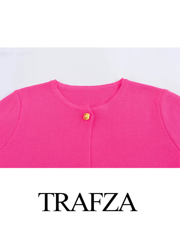 TRAFZA 2024 Sieviešu plāns trikotāžas īss tops ikdienišķs, vienkrāsains O veida kakla izgriezums īsām piedurknēm, džemperis ar vienu pogu trikotāžas jaka virsdrēbes