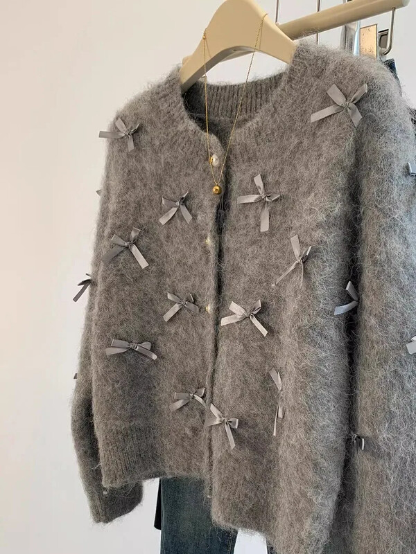 Pelēks džemperis, 2024. gada rudens ziemas sieviešu temperaments, augsta mīksta mohēra, trikotāžas jaciņa, smaržīgs mētelis, ikdienas topi korejiešu