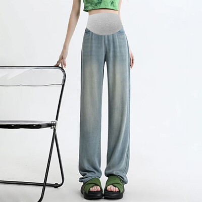 2024 m. tamprūs džinsai nėščiosioms, pilni ilgi džinsai, plačios kojos, laisvos pilvo džinsinės kelnės, drabužiai nėščioms moterims Nėštumo kelnės