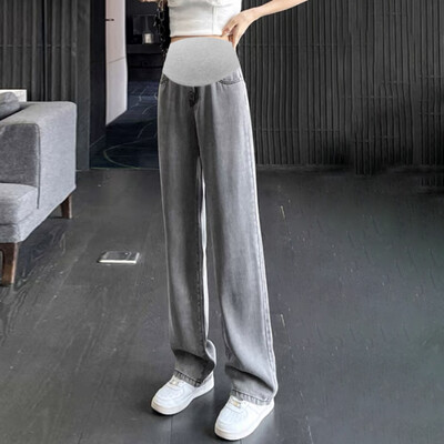 2024 m. tamprūs džinsai nėščiosioms, pilni ilgi džinsai, plačios kojos, laisvos pilvo džinsinės kelnės, drabužiai nėščioms moterims Nėštumo kelnės