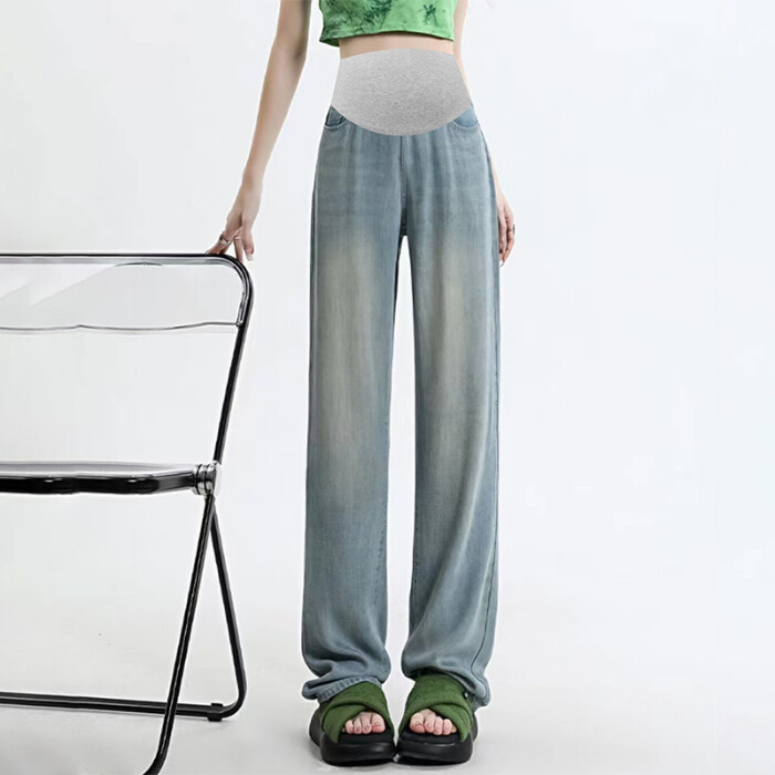 2024 m. tamprūs džinsai nėščiosioms, pilni ilgi džinsai, plačios kojos, laisvos pilvo džinsinės kelnės, drabužiai nėščioms moterims Nėštumo kelnės