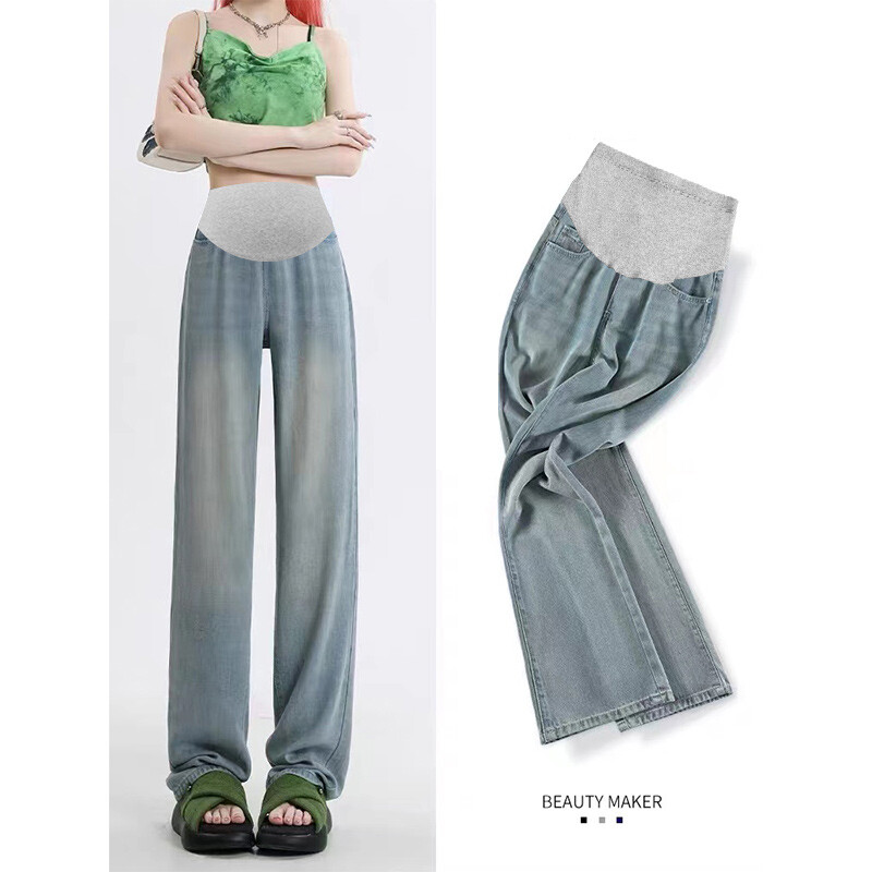 2024 m. tamprūs džinsai nėščiosioms, pilni ilgi džinsai, plačios kojos, laisvos pilvo džinsinės kelnės, drabužiai nėščioms moterims Nėštumo kelnės