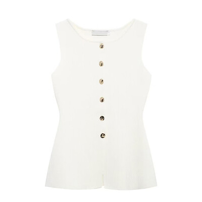 Ikdienas, vienkrāsains, trikotāžas sieviešu tops ar O veida kakla izgriezumu bez piedurknēm, sieviešu veste ar vienrindu, 2024. gada rudens, jauni sieviešu topi birojā