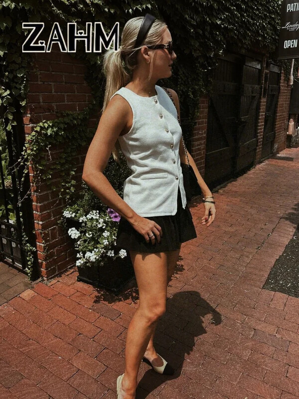 Ikdienas, vienkrāsains, trikotāžas sieviešu tops ar O veida kakla izgriezumu bez piedurknēm, sieviešu veste ar vienrindu, 2024. gada rudens, jauni sieviešu topi birojā