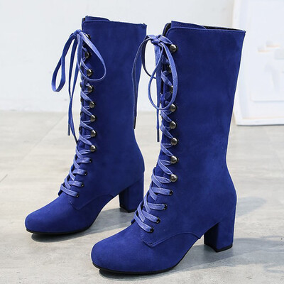 2023-as forró kiárusítás, nagy, 43-as méretű, fűzős női vintage lábszárközépig érő csizma női cipő magassarkú Retro lila fekete barna női csizma