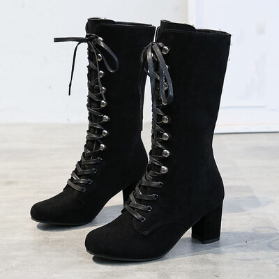 2023-as forró kiárusítás, nagy, 43-as méretű, fűzős női vintage lábszárközépig érő csizma női cipő magassarkú Retro lila fekete barna női csizma